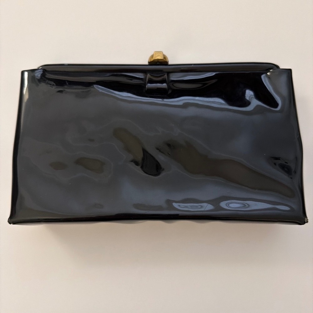 Vintage Garay Black Patent Leather Clutch Bag Gold Tone Hardware Evening Bag